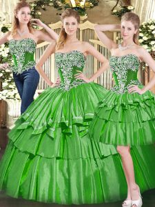Sweet Green Strapless Lace Up Beading and Ruffled Layers Quince Ball Gowns Sleeveless