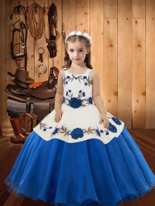 Floor Length Lace Up Pageant Dress Toddler Blue for Sweet 16 and Quinceanera with Embroidery