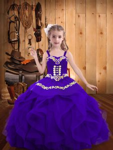 Beauteous Floor Length Lace Up Pageant Gowns For Girls Eggplant Purple for Party and Sweet 16 and Quinceanera and Wedding Party with Embroidery and Ruffles
