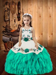 Aqua Blue Lace Up Glitz Pageant Dress Embroidery and Ruffles Sleeveless Floor Length