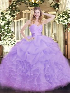 High End Sleeveless Organza Floor Length Lace Up 15 Quinceanera Dress in Lavender with Beading and Ruffles