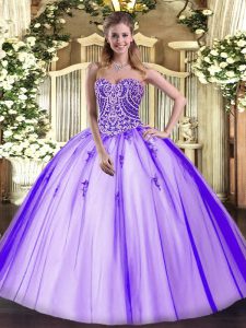 Lavender Ball Gowns Sweetheart Sleeveless Tulle Floor Length Lace Up Beading Quinceanera Gown