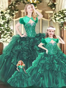 Cheap Floor Length Lace Up Quinceanera Gown Green for Military Ball and Sweet 16 and Quinceanera with Beading and Ruffles
