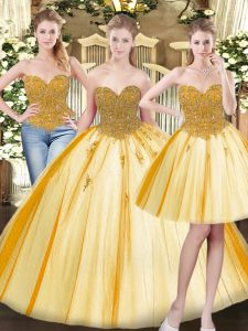 Charming Gold Lace Up Quinceanera Dress Beading and Appliques Sleeveless Floor Length