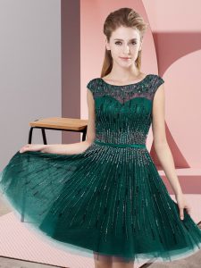 Dark Green Tulle Backless Dress for Prom Sleeveless Knee Length Beading