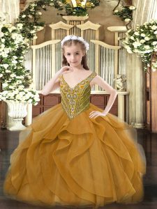 Brown Tulle Lace Up Little Girls Pageant Dress Wholesale Sleeveless Floor Length Beading and Ruffles