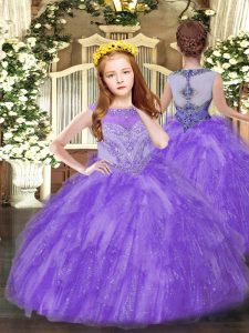 Top Selling Lavender Tulle Zipper Scoop Sleeveless Floor Length Little Girl Pageant Dress Beading and Ruffles