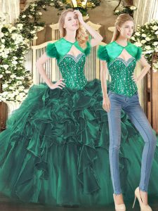 Sophisticated Dark Green Ball Gowns Beading and Ruffles Sweet 16 Quinceanera Dress Lace Up Tulle Sleeveless Floor Length
