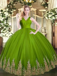 Superior Olive Green Sleeveless Appliques Floor Length Quinceanera Dresses