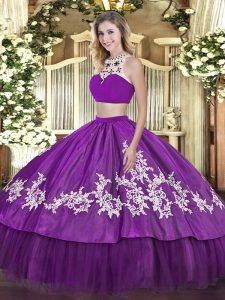 Artistic Floor Length Backless Sweet 16 Dress Purple for Military Ball and Sweet 16 and Quinceanera with Beading and Appliques and Ruffles