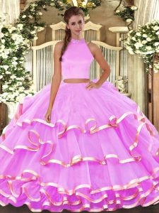 Lilac Sweet 16 Dresses Military Ball and Quinceanera with Beading and Ruffled Layers Halter Top Sleeveless Backless