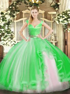 Ideal Green Ball Gowns V-neck Sleeveless Tulle Floor Length Zipper Beading and Ruffles Sweet 16 Dresses