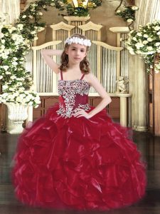 Wine Red Ball Gowns Straps Sleeveless Organza Floor Length Lace Up Appliques and Ruffles Kids Pageant Dress