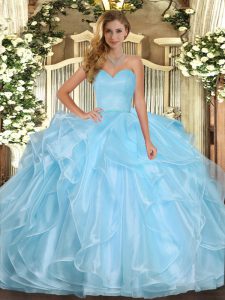 High End Aqua Blue Sleeveless Organza Lace Up Quinceanera Gown for Military Ball and Sweet 16 and Quinceanera