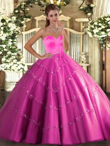 Exquisite Hot Pink Tulle Lace Up Sweetheart Sleeveless Floor Length Quince Ball Gowns Beading and Appliques