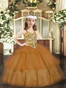 Sleeveless Organza Floor Length Lace Up Little Girl Pageant Gowns in Brown with Beading and Ruffled Layers