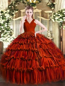 Sophisticated V-neck Sleeveless Quinceanera Dress Floor Length Ruffled Layers Rust Red Organza