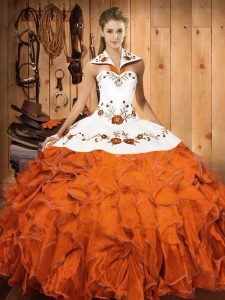 Sleeveless Floor Length Embroidery and Ruffles Lace Up 15 Quinceanera Dress with Orange Red