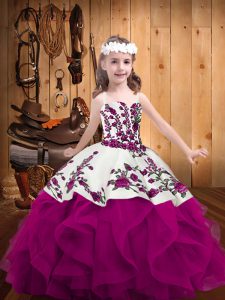 Wonderful Straps Sleeveless Little Girl Pageant Gowns Floor Length Embroidery and Ruffles Fuchsia Organza