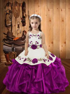 Floor Length Fuchsia High School Pageant Dress Organza Sleeveless Embroidery and Ruffles