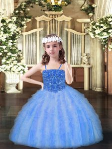 Floor Length Baby Blue Pageant Gowns Spaghetti Straps Sleeveless Lace Up