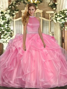 Halter Top Sleeveless Quince Ball Gowns Floor Length Beading and Ruffles Watermelon Red Organza
