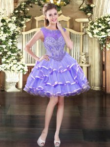 Lavender Ball Gowns Beading and Ruffled Layers Prom Gown Lace Up Organza Sleeveless Mini Length