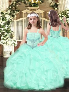 Popular Straps Sleeveless Lace Up Kids Pageant Dress Apple Green Organza