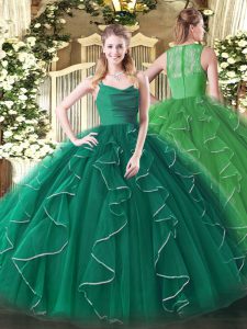 Ball Gowns Sweet 16 Dress Dark Green Straps Organza Sleeveless Floor Length Zipper