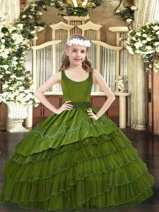 Olive Green Sleeveless Beading and Embroidery and Ruffled Layers Floor Length Pageant Gowns