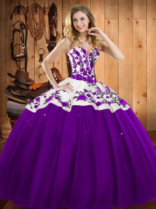 Flirting Eggplant Purple Satin and Tulle Lace Up 15th Birthday Dress Sleeveless Floor Length Embroidery