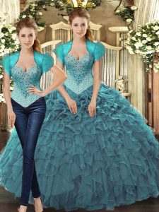 Teal Lace Up Straps Beading and Ruffles Quinceanera Dress Tulle Sleeveless