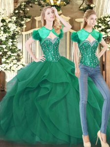 Sophisticated Dark Green Lace Up Sweetheart Beading and Ruffles Quince Ball Gowns Tulle Sleeveless