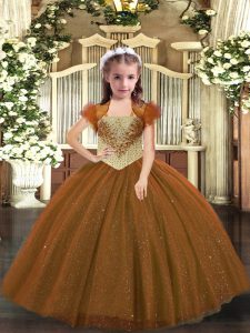 Floor Length Brown Little Girls Pageant Dress Tulle Sleeveless Beading
