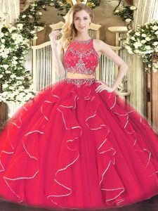Flare Coral Red Zipper Quinceanera Gown Ruffles Sleeveless Floor Length