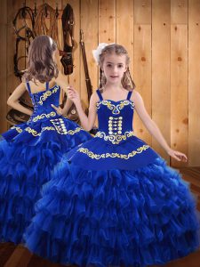 Glorious Royal Blue Lace Up Straps Embroidery and Ruffled Layers Little Girls Pageant Gowns Chiffon Sleeveless