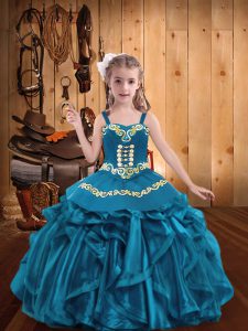 Latest Floor Length Teal Pageant Gowns For Girls Organza Sleeveless Embroidery and Ruffles