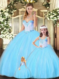 Aqua Blue Sleeveless Tulle Lace Up Quince Ball Gowns for Military Ball and Sweet 16 and Quinceanera