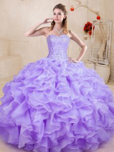 Dynamic Lavender Ball Gowns Beading and Ruffles Quinceanera Dresses Lace Up Organza Sleeveless Floor Length