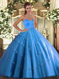 Baby Blue Lace Up Sweetheart Beading and Appliques Quinceanera Gowns Tulle Sleeveless