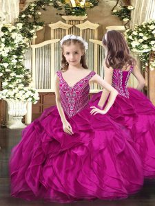 Gorgeous V-neck Sleeveless Lace Up Kids Formal Wear Fuchsia Organza