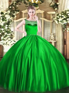 Inexpensive Green Ball Gowns Scoop Sleeveless Satin Floor Length Zipper Beading Sweet 16 Dress