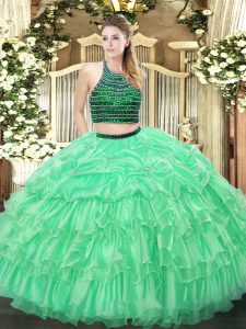 Extravagant Beading and Ruffled Layers Ball Gown Prom Dress Apple Green Zipper Sleeveless Floor Length