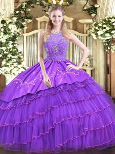 Ideal Lavender Sleeveless Beading and Embroidery and Ruffled Layers Floor Length Quinceanera Gowns