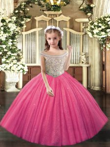 Low Price Hot Pink Ball Gowns Beading Little Girls Pageant Dress Wholesale Lace Up Tulle Sleeveless Floor Length