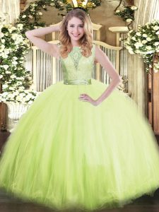 Hot Selling Yellow Green Ball Gowns Tulle Scoop Sleeveless Lace Floor Length Backless Vestidos de Quinceanera