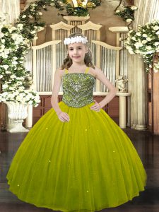 Olive Green Sleeveless Beading Floor Length Child Pageant Dress