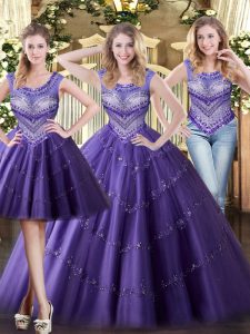 Deluxe Purple Scoop Lace Up Beading 15 Quinceanera Dress Sleeveless