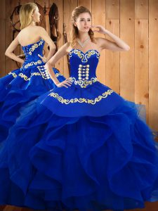 Dramatic Blue Sweetheart Lace Up Embroidery and Ruffles Sweet 16 Dresses Sleeveless