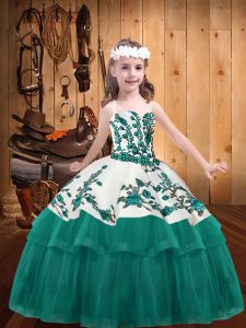 Turquoise Ball Gowns Embroidery Little Girls Pageant Gowns Lace Up Organza Sleeveless